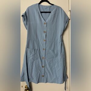 Women's Cap Sleeve Button Down Blue Dress - with Pockets!
